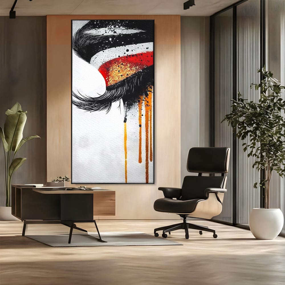 Tablou canvas cu tablou canvas cu ochi stilizat, in rama de aluminiu negru, pe perete intr-un birou